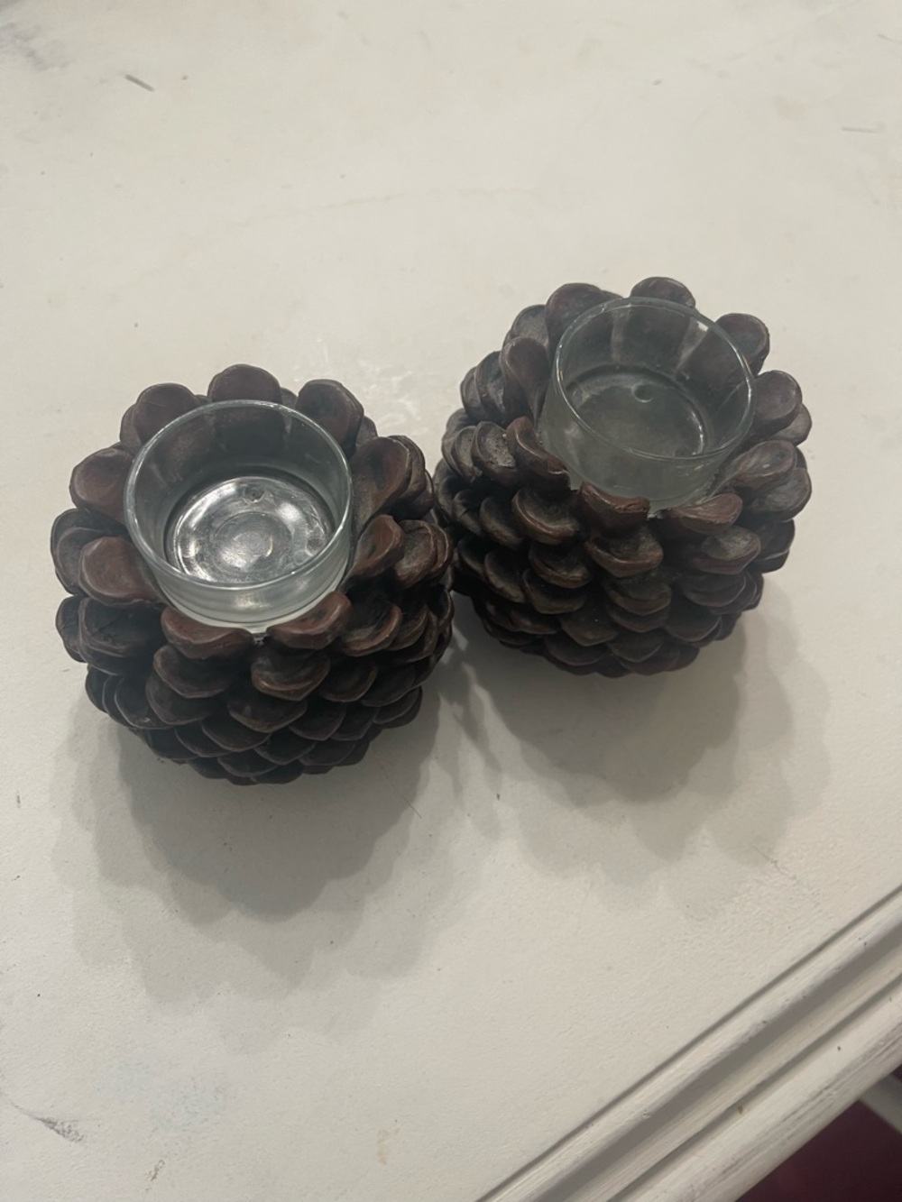 Rustic Brown Pinecone Tealight Candle Holders - Set of 2